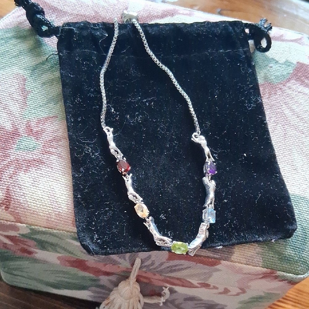 Sterling Silver Multi-Gem Adjustable Bracelet - C… - image 2